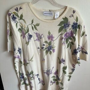 Alfred Dunner Floral Cream Tee with Purple and Green Accents